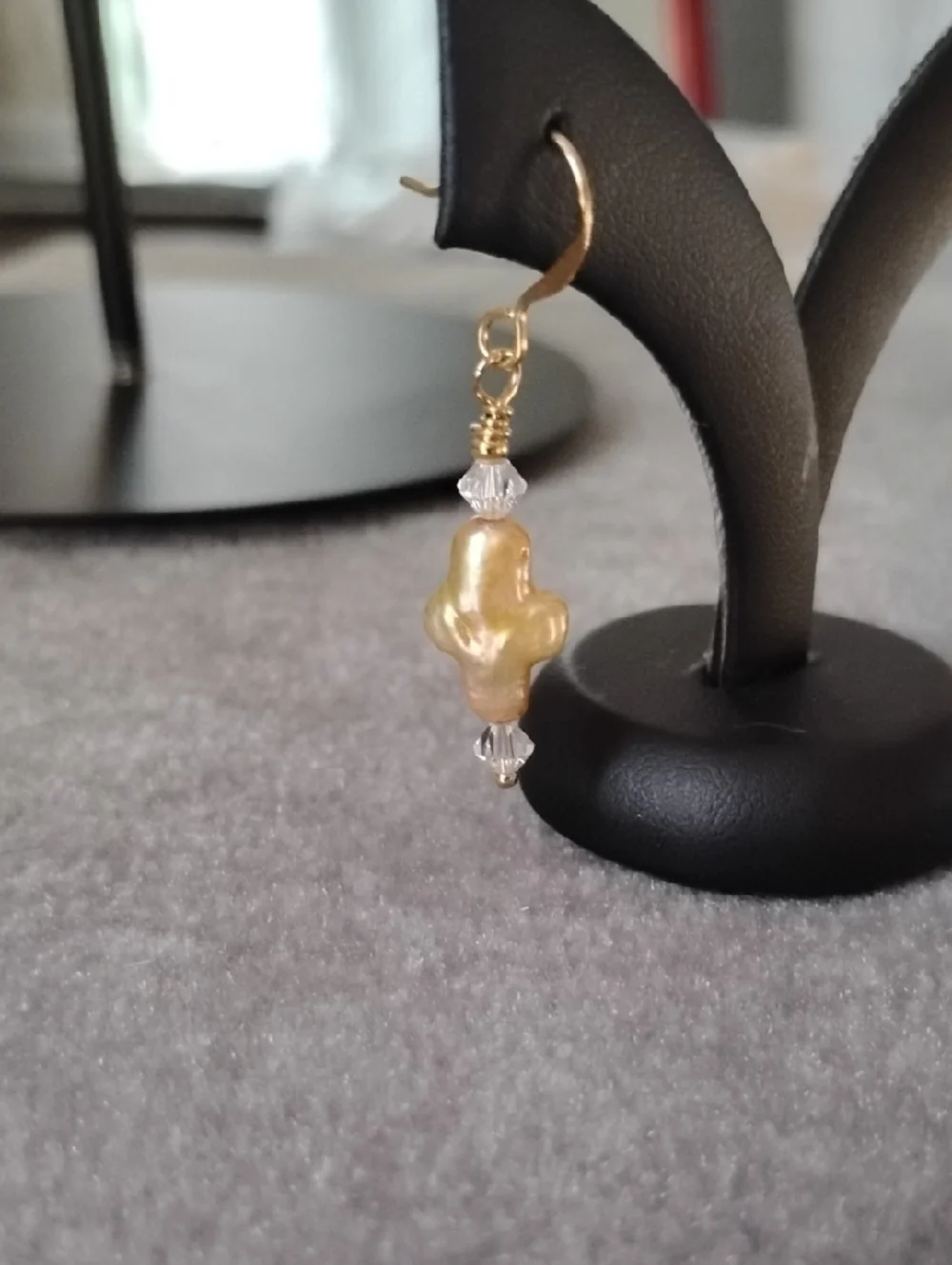 Hand Crafted Gold Pearl Cross Drop Earrings - Picture 3 of 5